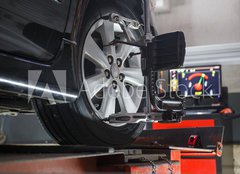 Fototapeta pltno 160 x 116, 74461674 - Car on stand with sensors on wheels for wheels alignment camber - Automobil na stojanu se senzory na kolekch pro vychycen koleek