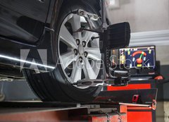 Samolepka flie 200 x 144, 74461674 - Car on stand with sensors on wheels for wheels alignment camber