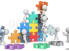 Fototapeta papr 360 x 266, 75911933 - The Team.The dude x 9 building colorful puzzle from blueprint.