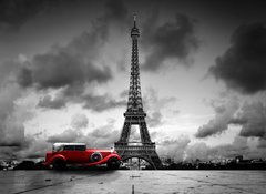 Fototapeta vliesov 100 x 73, 76327230 - Effel Tower, Paris, France and retro red car. Black and white