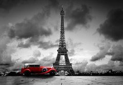 Fototapeta184 x 128  Effel Tower, Paris, France and retro red car. Black and white, 184 x 128 cm