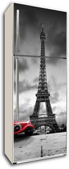 Samolepka na lednici flie 80 x 200  Effel Tower, Paris, France and retro red car. Black and white, 80 x 200 cm