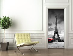 Samolepka na dvee flie 90 x 220  Effel Tower, Paris, France and retro red car. Black and white, 90 x 220 cm