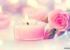 Fototapeta200 x 144  Valentine's Day. Pink heart shaped candles and rose flowers, 200 x 144 cm