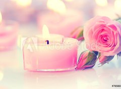 Fototapeta330 x 244  Valentine's Day. Pink heart shaped candles and rose flowers, 330 x 244 cm