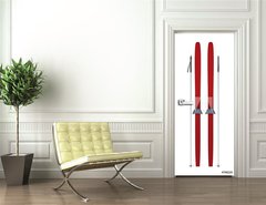 Samolepka na dvee flie 90 x 220, 76622535 - Red skis and sticks front view - erven lye a dr eln pohled