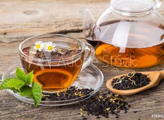 Samolepka flie 100 x 73, 76902225 - Tea composition with mint leaf on wooden palette