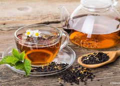 Samolepka flie 200 x 144, 76902225 - Tea composition with mint leaf on wooden palette