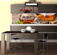 Fototapeta do kuchyn flie 260 x 60, 76902225 - Tea composition with mint leaf on wooden palette