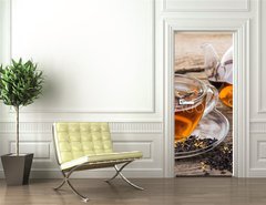 Samolepka na dvee flie 90 x 220, 76902225 - Tea composition with mint leaf on wooden palette