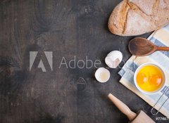 Fototapeta vliesov 100 x 73, 77487902 - Baking background with eggshell, bread, flour, rolling pin