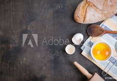 Fototapeta pltno 174 x 120, 77487902 - Baking background with eggshell, bread, flour, rolling pin - Peen pozad s vejcem, chlebem, moukou, vlekem