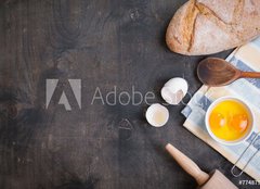 Fototapeta pltno 240 x 174, 77487902 - Baking background with eggshell, bread, flour, rolling pin
