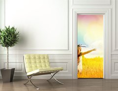 Samolepka na dvee flie 90 x 220  Free Happy Woman Enjoying Nature. Beauty Girl Outdoor., 90 x 220 cm