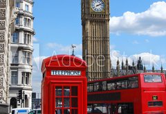 Fototapeta145 x 100  Telephone box, Big Ben and double decker bus in London, 145 x 100 cm