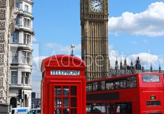 Fototapeta184 x 128  Telephone box, Big Ben and double decker bus in London, 184 x 128 cm