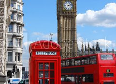 Fototapeta200 x 144  Telephone box, Big Ben and double decker bus in London, 200 x 144 cm