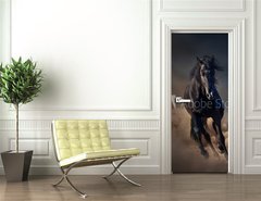 Samolepka na dvee flie 90 x 220, 78859419 - Beautiful black stallion run in desert dust against sunset sky
