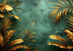 Samolepka flie 145 x 100, 790822272 - An elegant gold decoration art wallpaper. Modern art with nature. Golden leaves, plants and bamboo of curvature of the line, green background.