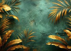 Fototapeta plátno 160 x 116, 790822272 - An elegant gold decoration art wallpaper. Modern art with nature. Golden leaves, plants and bamboo of curvature of the line, green background.