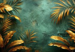 Fototapeta papr 184 x 128, 790822272 - An elegant gold decoration art wallpaper. Modern art with nature. Golden leaves, plants and bamboo of curvature of the line, green background.