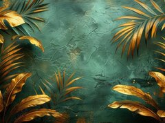 Samolepka flie 270 x 200, 790822272 - An elegant gold decoration art wallpaper. Modern art with nature. Golden leaves, plants and bamboo of curvature of the line, green background.