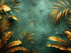 Fototapeta pltno 330 x 244, 790822272 - An elegant gold decoration art wallpaper. Modern art with nature. Golden leaves, plants and bamboo of curvature of the line, green background.