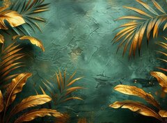 Fototapeta papr 360 x 266, 790822272 - An elegant gold decoration art wallpaper. Modern art with nature. Golden leaves, plants and bamboo of curvature of the line, green background.