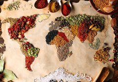 Fototapeta pltno 174 x 120, 79106209 - Map of world made from different kinds of spices, close-up