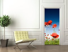 Samolepka na dvee flie 90 x 220  Field with poppies under dark sky, 90 x 220 cm