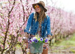 Fototapeta240 x 174  Beautiful young woman with a vintage bike in the field., 240 x 174 cm