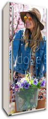 Samolepka na lednici fólie 80 x 200, 81057973 - Beautiful young woman with a vintage bike in the field. - Krásná mladá žena s vintage kolo v poli.