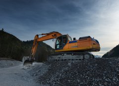 Fototapeta160 x 116  sideview of huge orange shovel excavator digging in gravel, 160 x 116 cm