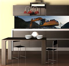 Fototapeta do kuchyn flie 260 x 60  sideview of huge orange shovel excavator digging in gravel, 260 x 60 cm