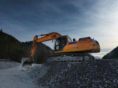 Fototapeta270 x 200  sideview of huge orange shovel excavator digging in gravel, 270 x 200 cm