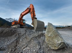 Samolepka flie 100 x 73, 81767561 - huge shovel excavator standing on gravel hill with stone rock - obrovsk lopatov rypadlo stojc na trkovm kopci s kamennou sklou