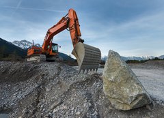 Fototapeta200 x 144  huge shovel excavator standing on gravel hill with stone rock, 200 x 144 cm