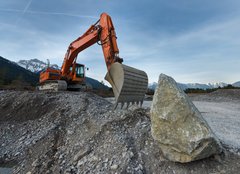 Fototapeta240 x 174  huge shovel excavator standing on gravel hill with stone rock, 240 x 174 cm