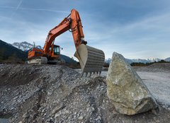 Fototapeta254 x 184  huge shovel excavator standing on gravel hill with stone rock, 254 x 184 cm