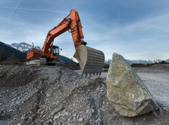 Fototapeta270 x 200  huge shovel excavator standing on gravel hill with stone rock, 270 x 200 cm