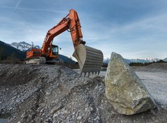 Fototapeta360 x 266  huge shovel excavator standing on gravel hill with stone rock, 360 x 266 cm