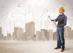 Samolepka flie 100 x 73  Business engineer planing at construction site with city backgro, 100 x 73 cm