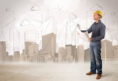 Fototapeta174 x 120  Business engineer planing at construction site with city backgro, 174 x 120 cm