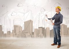 Samolepka flie 200 x 144, 84163266 - Business engineer planing at construction site with city backgro - Obchodn inenr hoblovn na staveniti s mstskm backgro