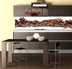Fototapeta do kuchyně fólie 260 x 60, 84266938 - Scattered coffee beans in line on white - Rozptýlené kávové zrna v řadě na bílém