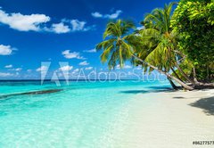 Samolepka flie 145 x 100, 86277577 - coco palms on tropical paradise beach with turquoise blue water and blue sky