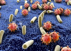 Fototapeta pltno 160 x 116, 89000179 - Bacteria and viruses on surface of skin, mucous membrane or intestine, model of MERS, HIV, flu, Escherichia coli, Salmonella, Klebsiella, Legionella, Mycobacterium tuberculosis, model of microbes