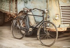 Fototapeta plátno 174 x 120, 89293041 - Retro styled image of an ancient bike and truck - Retro stylizovaný obraz starého motocyklu a kamionu