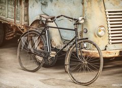 Fototapeta pltno 240 x 174, 89293041 - Retro styled image of an ancient bike and truck - Retro stylizovan obraz starho motocyklu a kamionu