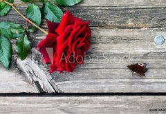 Samolepka flie 145 x 100, 90974590 - Red rose and butterfly on an old wooden table